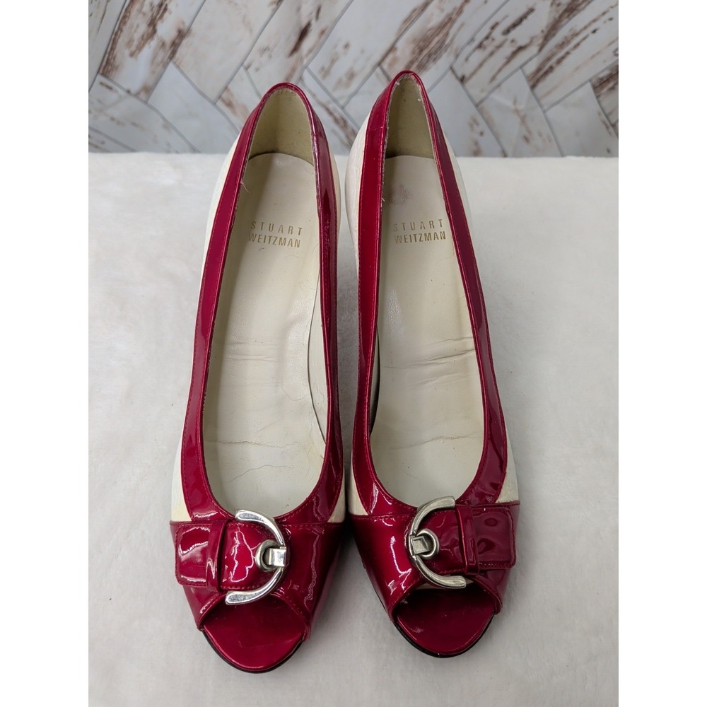 Stuart Weitzman Red Patent Leather Peep-Toe Heels with Silver Buckle